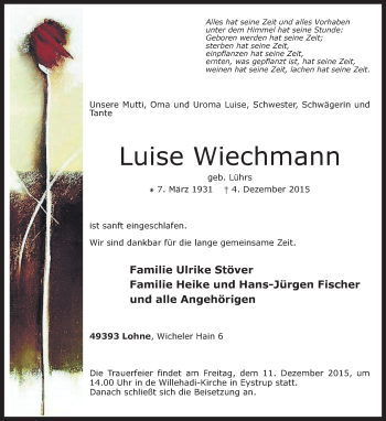 Traueranzeige von Luise Wiechmann von KRZ