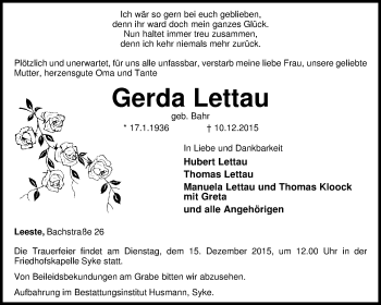 Traueranzeige von Gerda Lettau von KRZ