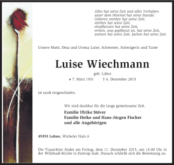 Traueranzeige von Luise Wiechmann von KRZ