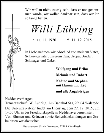 Traueranzeige von Willi Lühring von KRZ