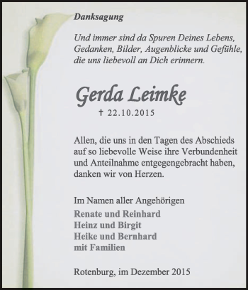 Traueranzeige von Gerda Leimke von KRZ