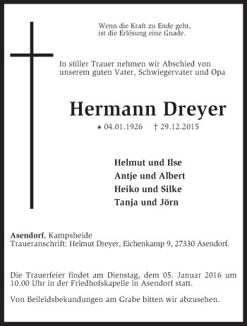 Traueranzeige von Hermann Dreyer von KRZ