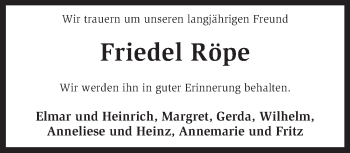 Traueranzeige von Friedel Röpe von KRZ