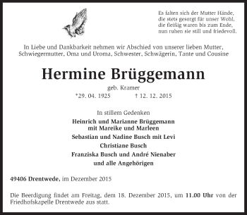 Traueranzeige von Hermine Brüggemann von KRZ