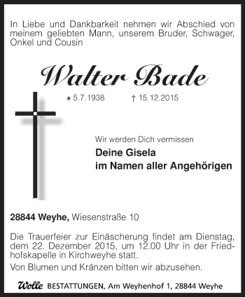 Traueranzeige von Walter Bade von KRZ