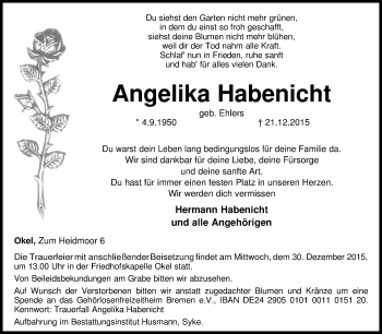 Traueranzeige von Angelika Habenicht von KRZ