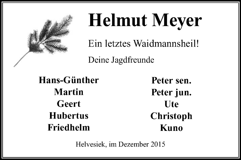  Traueranzeige für Helmut Meyer vom 17.12.2015 aus KRZ