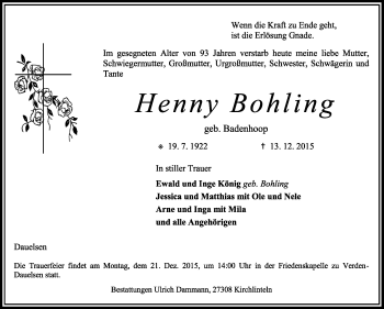 Traueranzeige von Henny Bohling von KRZ