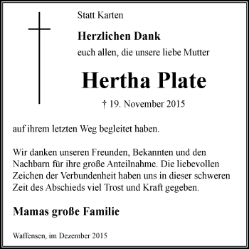 Traueranzeige von Hertha Plate von KRZ