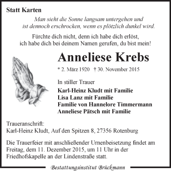 Traueranzeige von Anneliese Krebs von KRZ