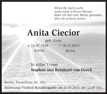 Traueranzeige von Anita Ciecior von KRZ