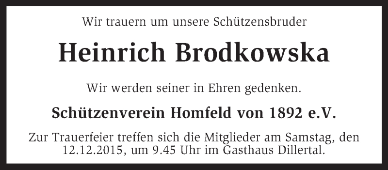  Traueranzeige für Heinrich Brodkowska vom 10.12.2015 aus KRZ