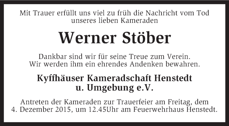  Traueranzeige für Werner Stöber vom 01.12.2015 aus KRZ