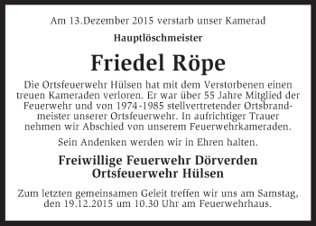 Traueranzeige von Friedel Röpe von KRZ