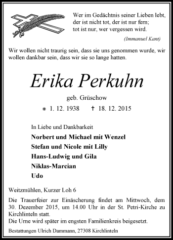 Traueranzeige von Erika Perkuhn von KRZ