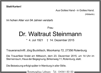 Traueranzeige von Waltraut Steinmann von KRZ