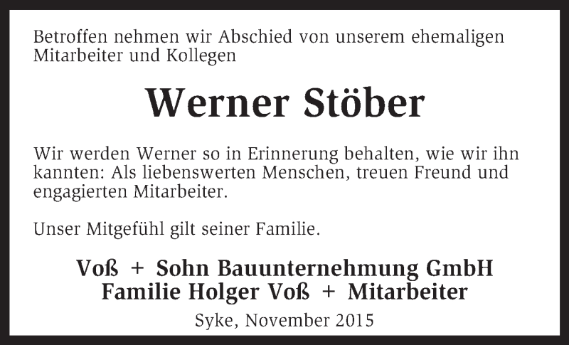  Traueranzeige für Werner Stöber vom 30.11.2015 aus KRZ