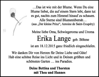 Traueranzeige von Erika Lange von KRZ