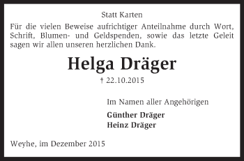 Traueranzeige von Helga Dräger von KRZ