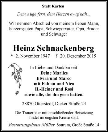 Traueranzeige von Heinz Schnackenberg von KRZ