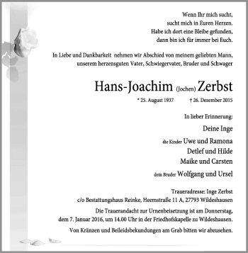 Traueranzeige von Hans-Joachim Zerbst von KRZ