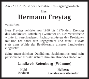 Traueranzeige von Hermann Freytag von KRZ