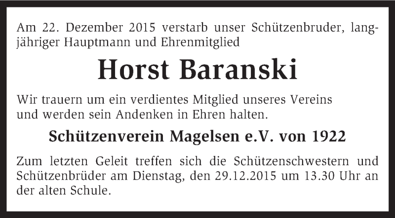  Traueranzeige für Horst Baranski vom 24.12.2015 aus KRZ