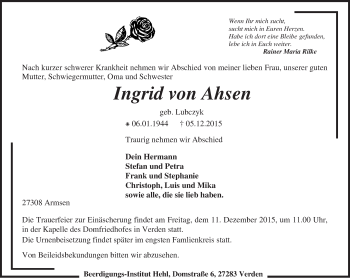 Traueranzeige von Ingrid von Ahsen von KRZ