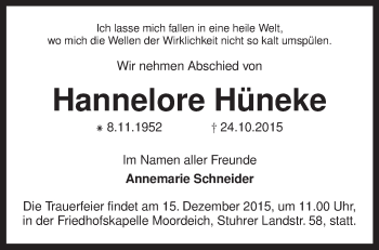 Traueranzeige von Hannelore Hüneke von KRZ