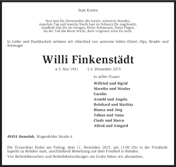 Traueranzeige von Willi Finkenstädt von KRZ