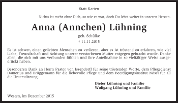 Traueranzeige von Anna (Annchen) Lühning von KRZ