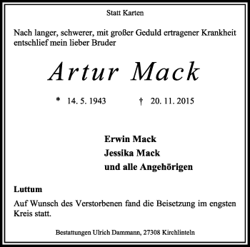 Traueranzeige von Artur Mack von KRZ