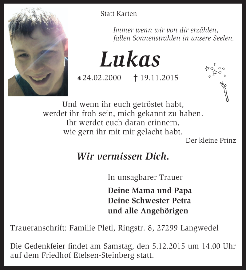 Traueranzeigen Von Lukas Trauer Kreiszeitung De