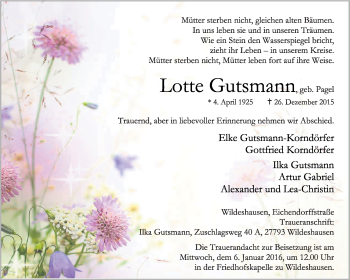 Traueranzeige von Lotte Gutsmann von KRZ