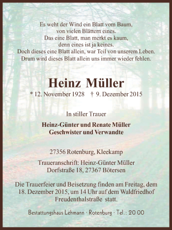 Traueranzeige von Heinz Müller von KRZ