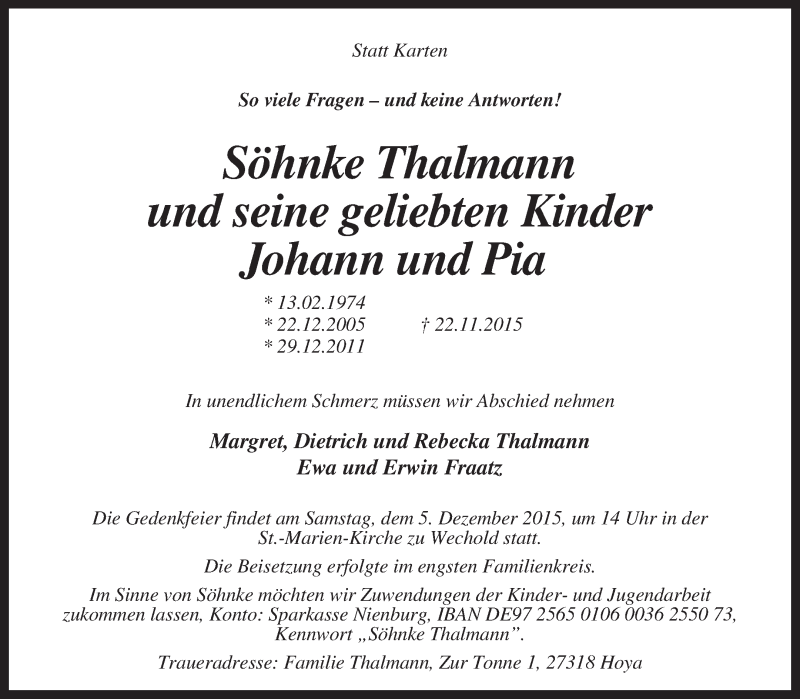 Traueranzeige für Söhnke Thalmann vom 02.12.2015 aus KRZ