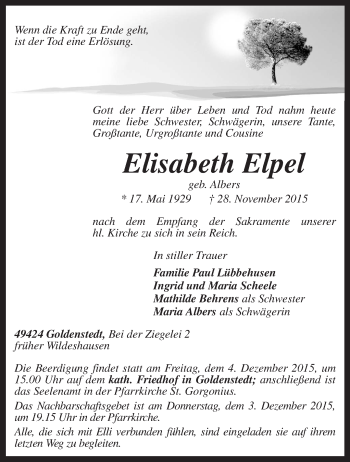 Traueranzeige von Elisabeth Elpel von KRZ