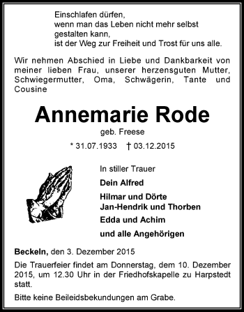 Traueranzeige von Annemarie Rode von KRZ