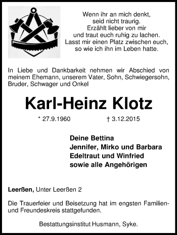 Traueranzeige von Karl-Heinz Klotz von KRZ