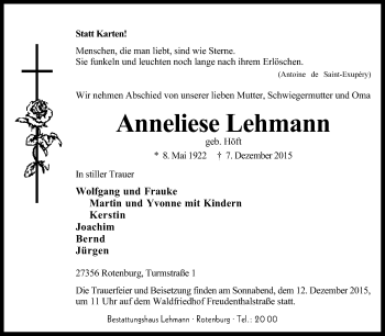 Traueranzeige von Anneliese Lehmann von KRZ