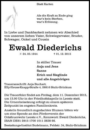 Traueranzeige von Ewald Diederichs von KRZ