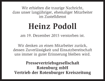 Traueranzeige von Heinz Podoll von KRZ