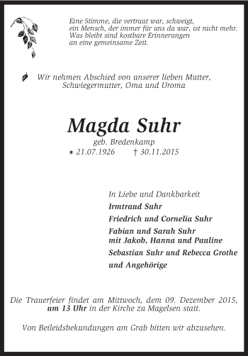 Traueranzeige von Magda Suhr von KRZ