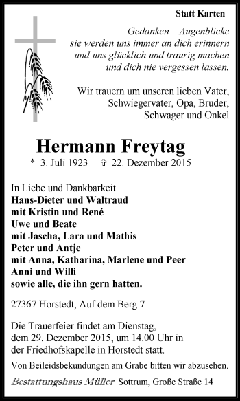 Traueranzeige von Hermann Freytag von KRZ