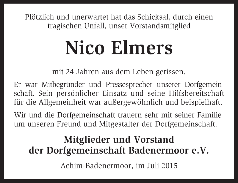  Traueranzeige für Nico Elmers vom 16.07.2015 aus KRZ