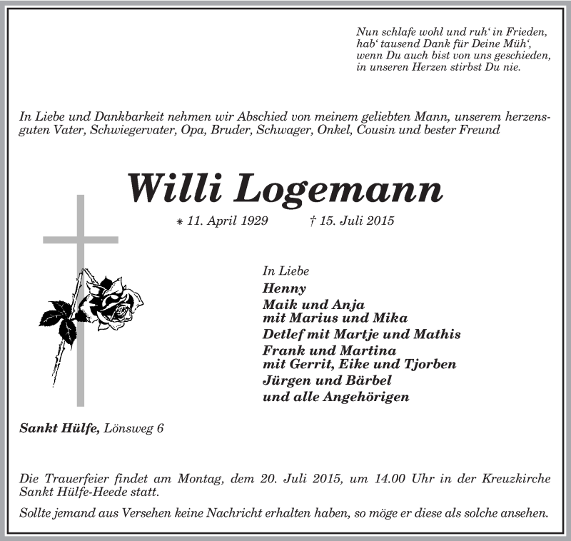  Traueranzeige für Willi Logemann vom 17.07.2015 aus KRZ