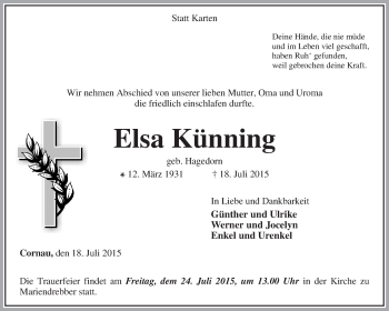 Traueranzeige von Elsa Künning von KRZ