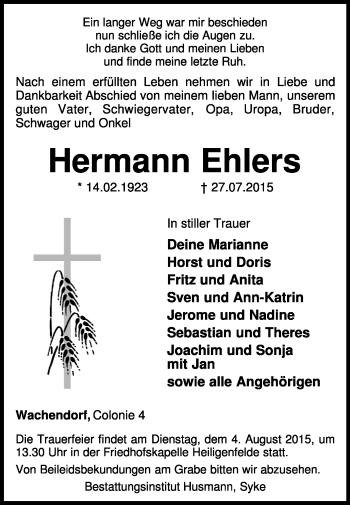 Traueranzeige von Hermann Ehlers von KRZ