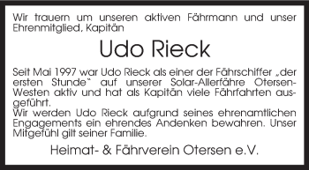 Traueranzeige von Udo Rieck von KRZ