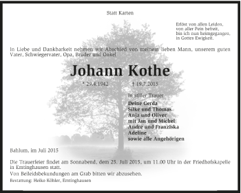 Traueranzeige von Johann Kothe von Kreiszeitung